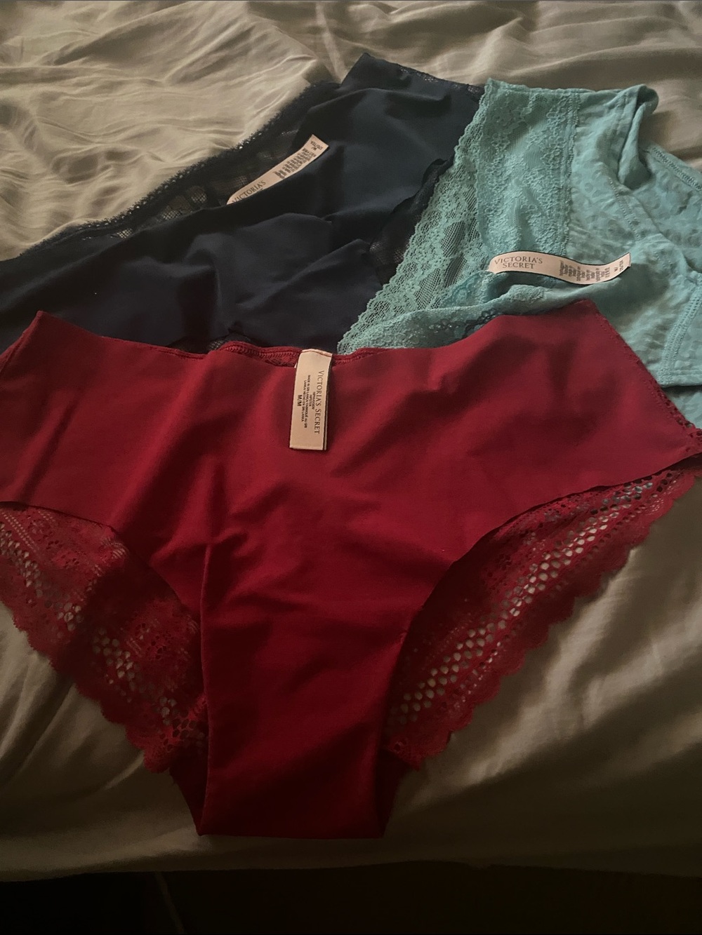 Victoria's Secret Lace-Trim Bikini Panties in Burgundy, Navy & Teal (3-Pack)
